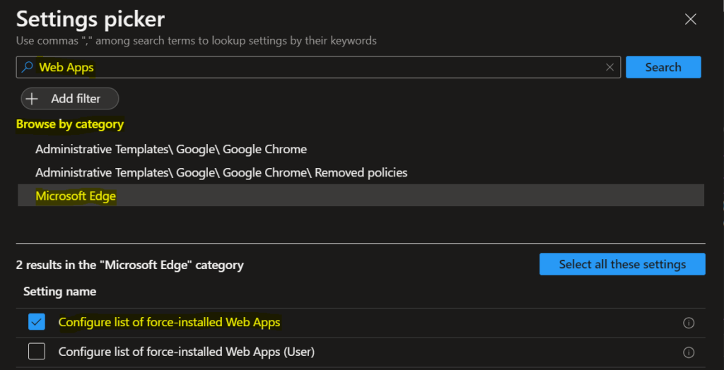 Select Microsoft Edge - Configure list of forced installed Web Apps