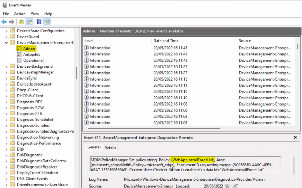 Event Logs - Deploy Progressive Web App PWAs Using Intune