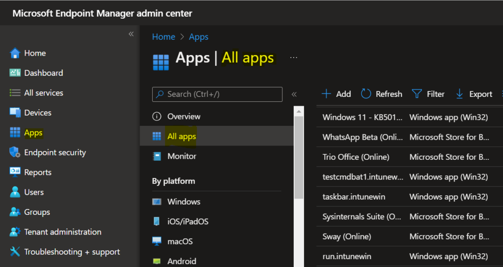 Click on Apps > All apps - Easy Steps to Export Intune Application lists 1