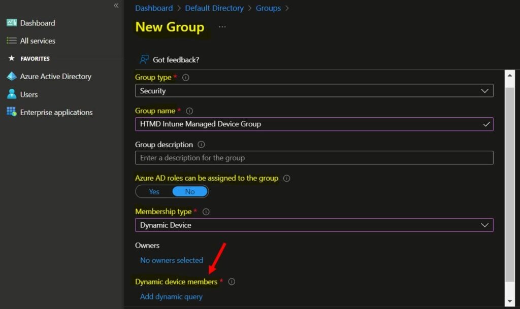Specify details for the group - Create AAD Dynamic Groups based on MDM 2