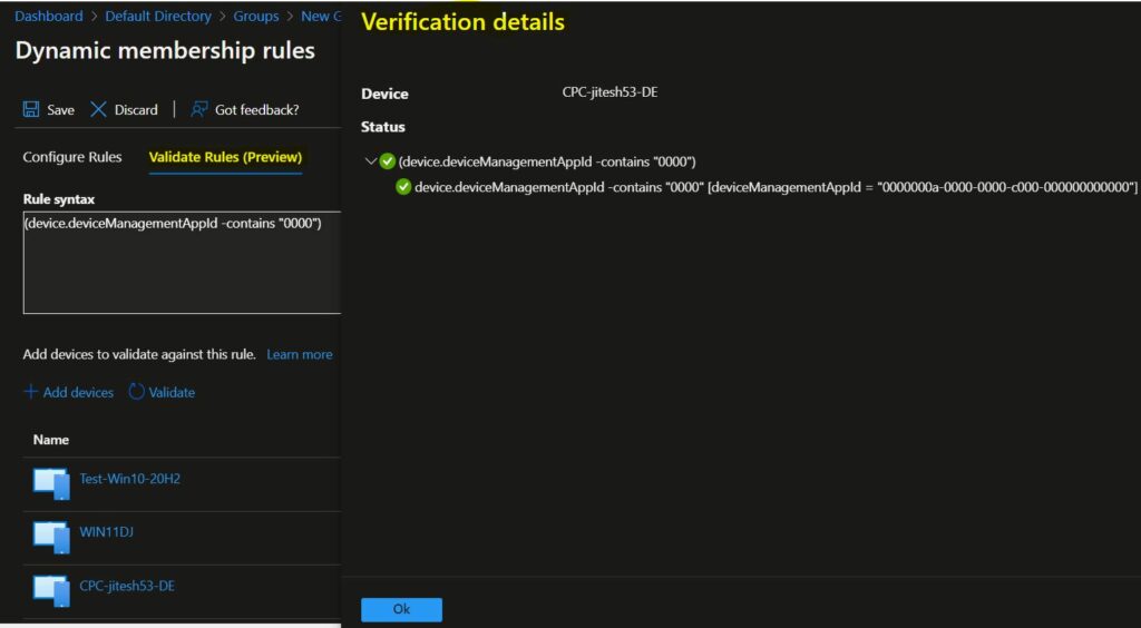 Verification Details - Create AAD Dynamic Groups based on MDM 5