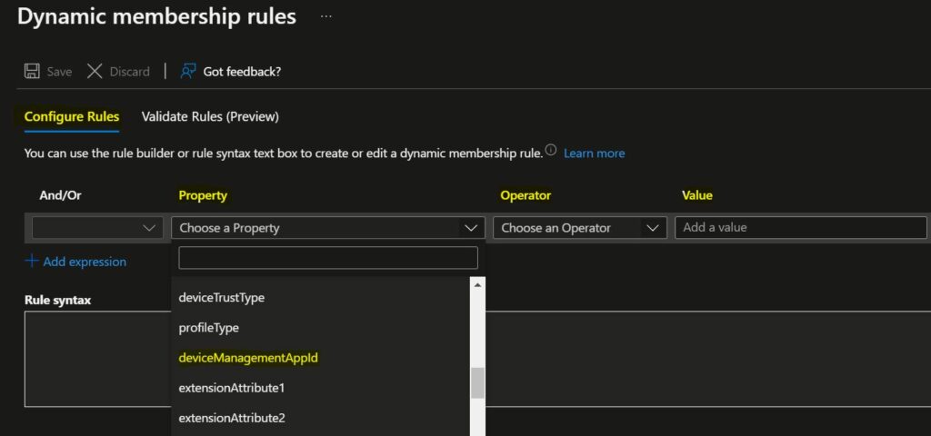 Configure Rules for dynamic group - Create AAD Dynamic Groups based on MDM 3