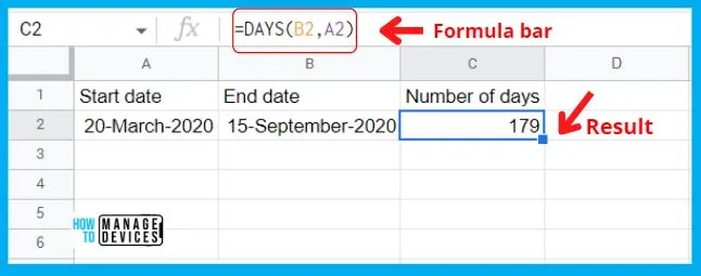 DAYS function in Google sheet - 4 Easy ways to Calculate Days in between Dates 12