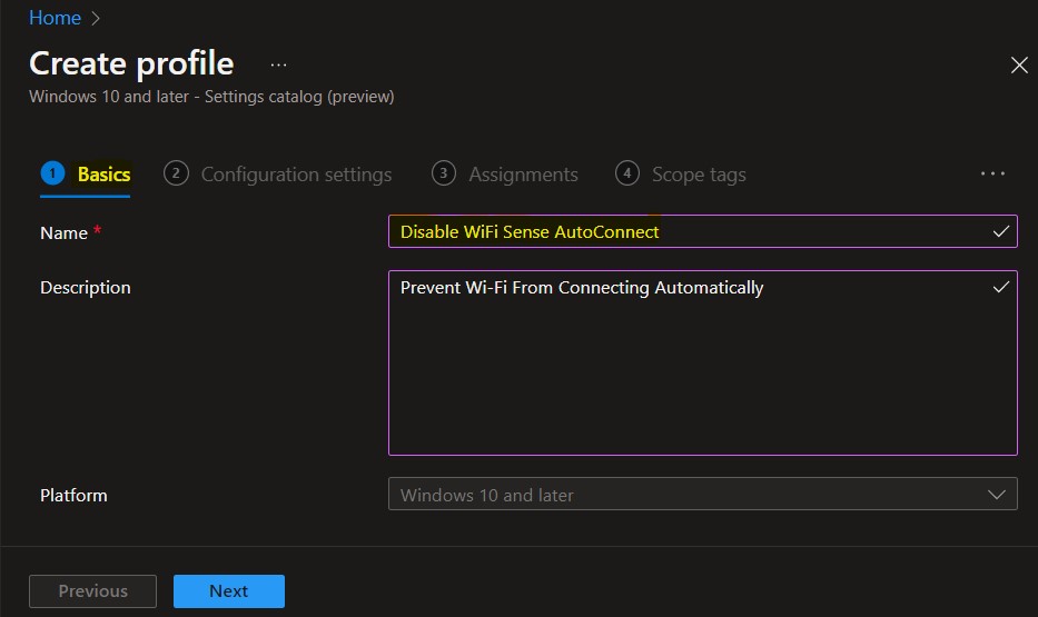 Provide Name - Turn Off WiFi Hotspot Auto Connect In Windows Using Intune 3