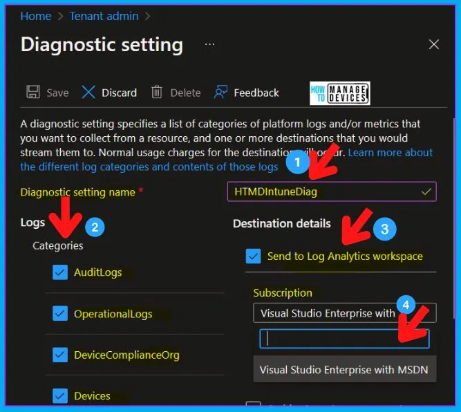 Intune Diagnostics Settings Log Analytics KQL Queries Azure Subscription Missing Issue 6