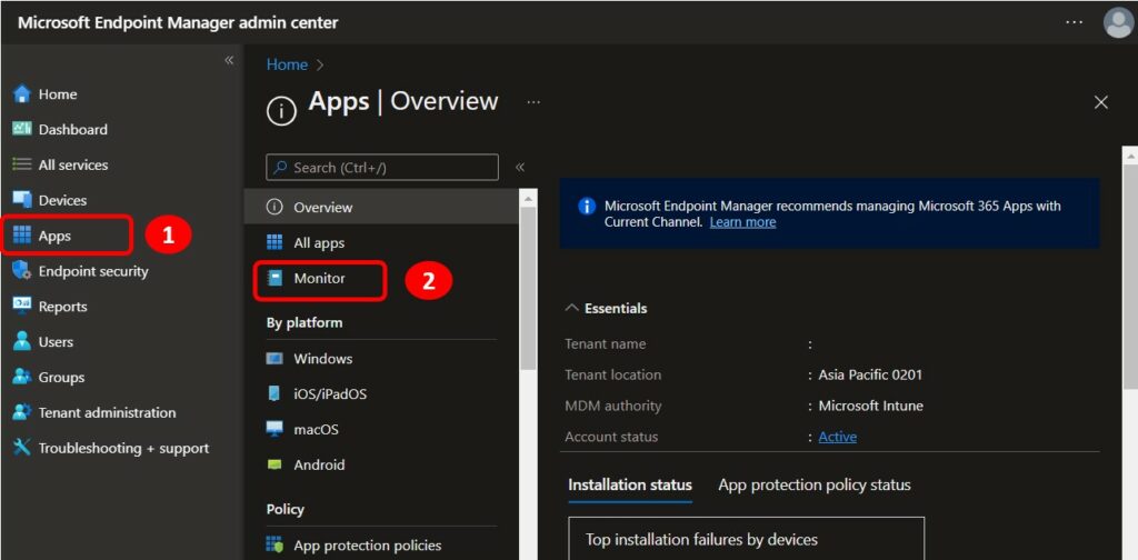 Select Apps > Monitor - Get Application Version Details From Intune 1