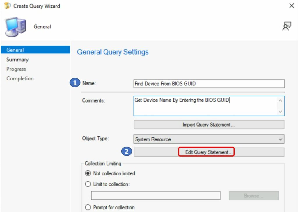 Create SCCM Query Find Device From BIOS GUID 2 Specify Query Details - Create SCCM Query Find Device From BIOS GUID 2