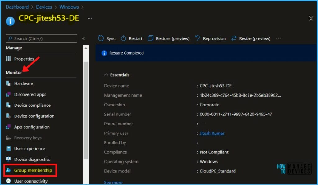 Select Monitor > Group Membership - Find Group Membership For Device from Intune MEM Portal 2