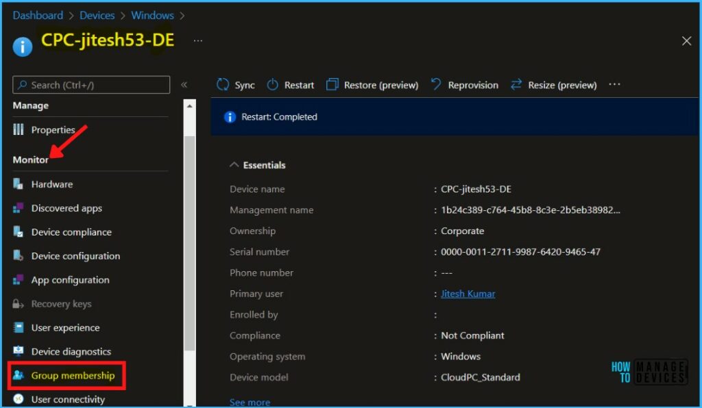 Select Monitor > Group Membership - Find Group Membership For Device from Intune MEM Portal 2
