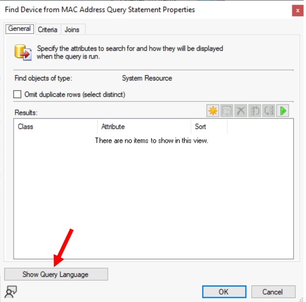 Click Show Query Language – Find Device From MAC Address Using SCCM Query 3