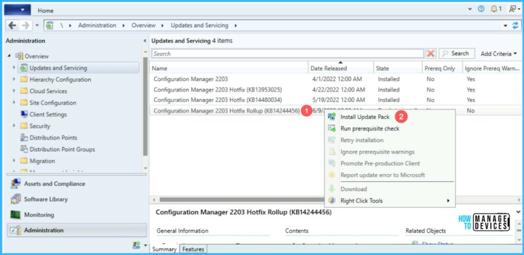 Install Update Pack - Latest Fixes for SCCM 2203 KB14244456 Hotfix Update Rollup 1