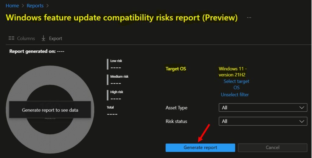 Click on Generate Report - Windows Update Compatibility Intune Report For App and Driver 4