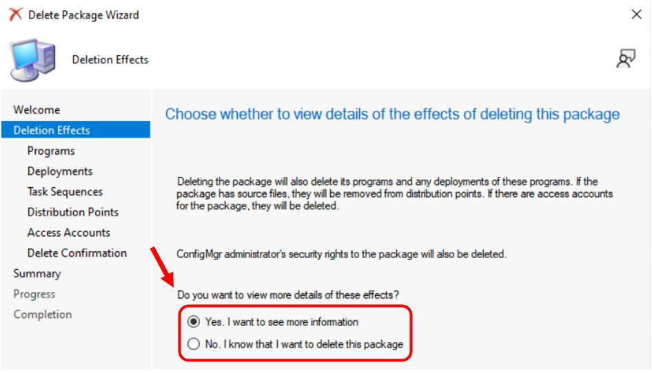 Select the Deletion options - Easy Steps to Delete Package In SCCM 2