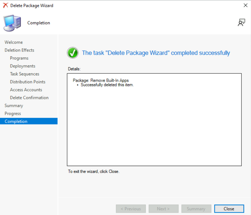 The task "Delete Package Wizard" completed successfully