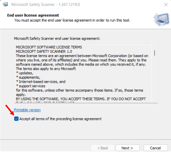 용어 수락 -Microsoft Safety Scanner를 실행하십시오