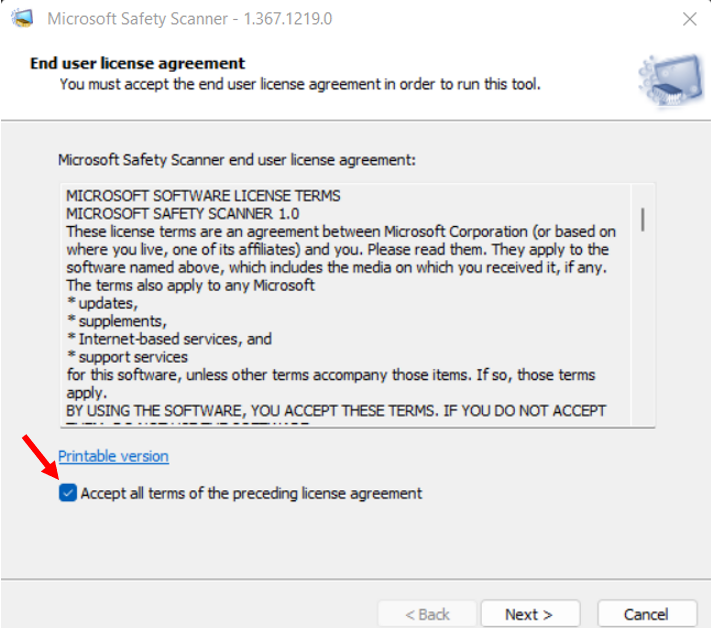 Accept Terms - Run Microsoft Safety Scanner