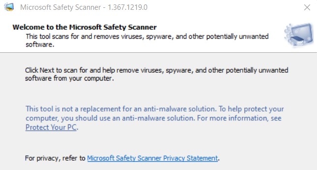 다음을 클릭하여 스캔 - Microsoft Safety Scanner를 실행하십시오