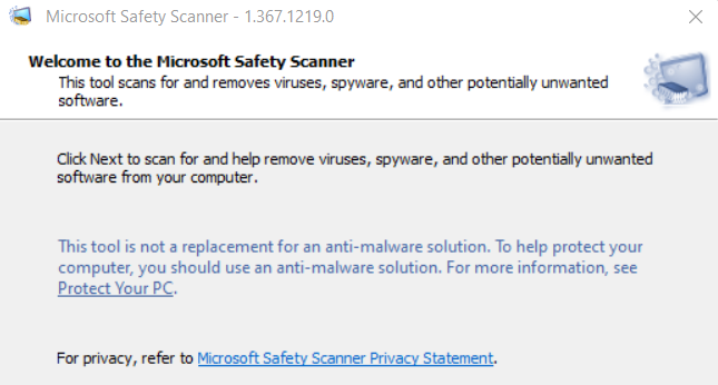 Click Next to scan - Run Microsoft Safety Scanner