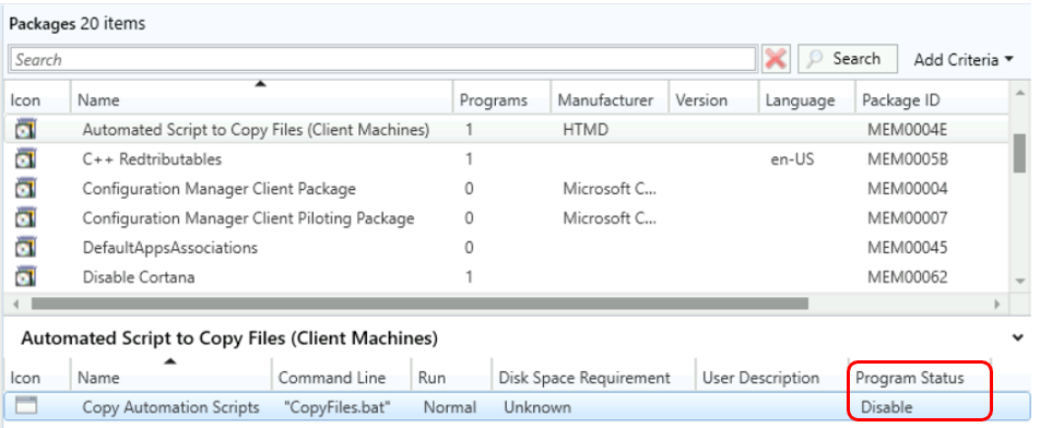 SCCM Package Program Status - Disable