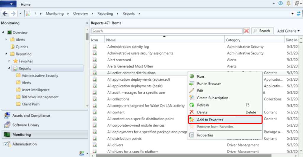 Select Add to Favourites - Add SCCM Reports In Favorites