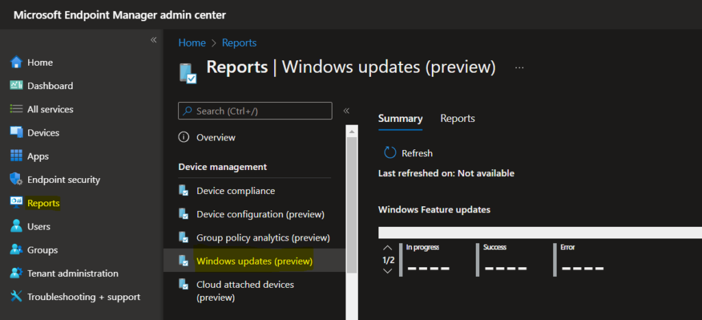 Select Windows Updates - Windows Feature Update Device Readiness Intune Report 1