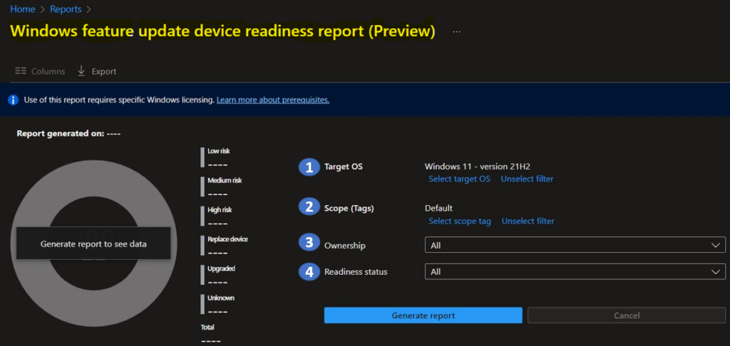 Select the specified field - Windows Feature Update Device Readiness Intune Report 3