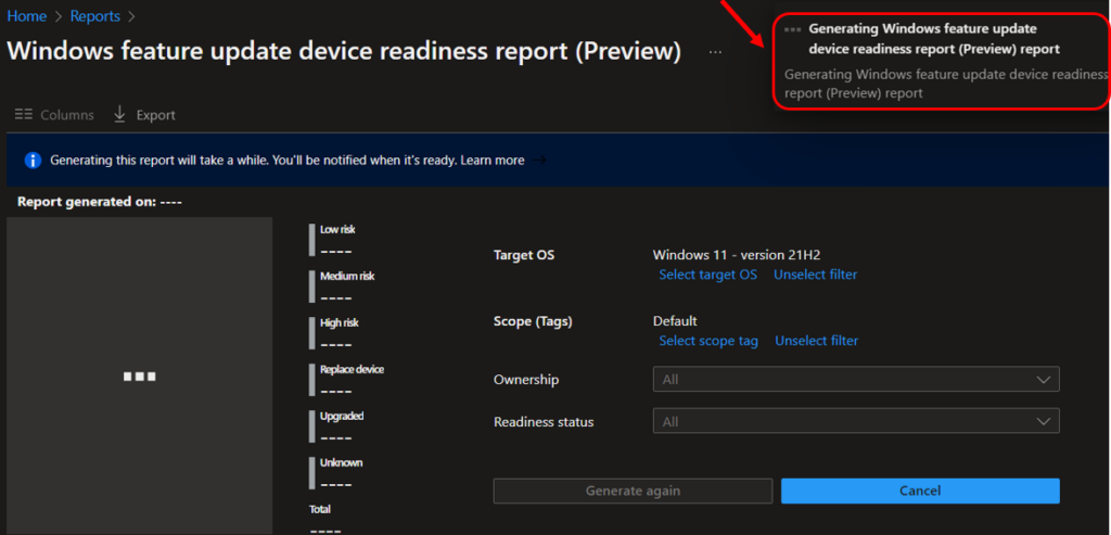 Generating Windows feature update device readiness report 4