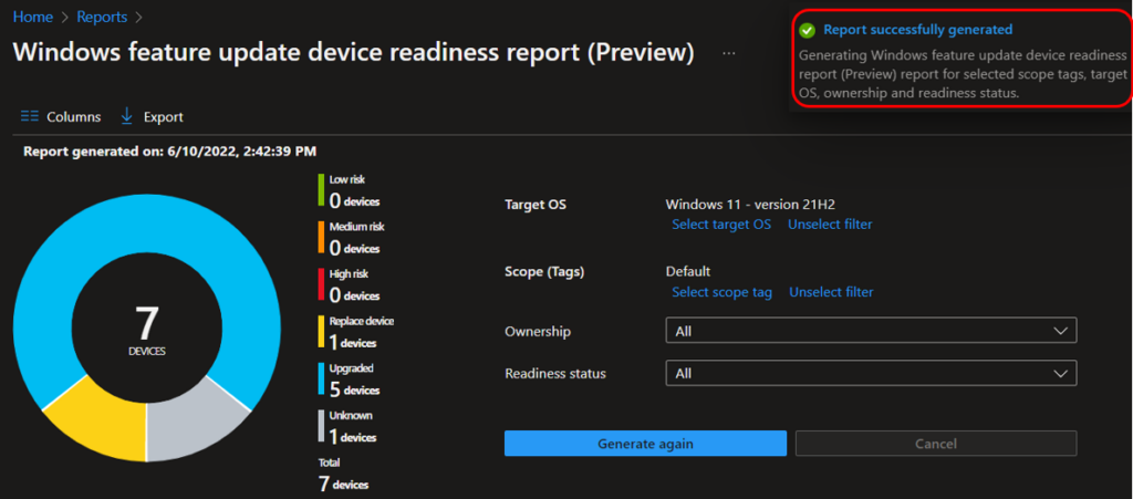 Report Successfully Generated - Windows Feature Update Device Readiness Report 5