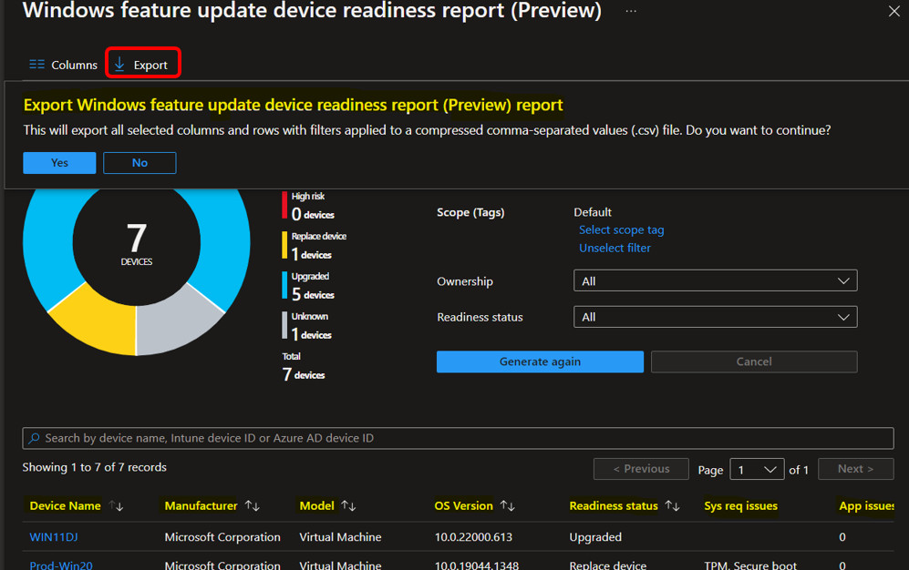 Click on Export - Export Windows Update Compatibility Intune Reports