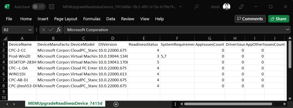 Exported Windows Update Compatibility Intune Reports