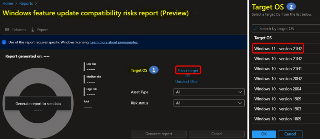 Select Target OS - Windows Update Compatibility Intune Report For App and Driver 3