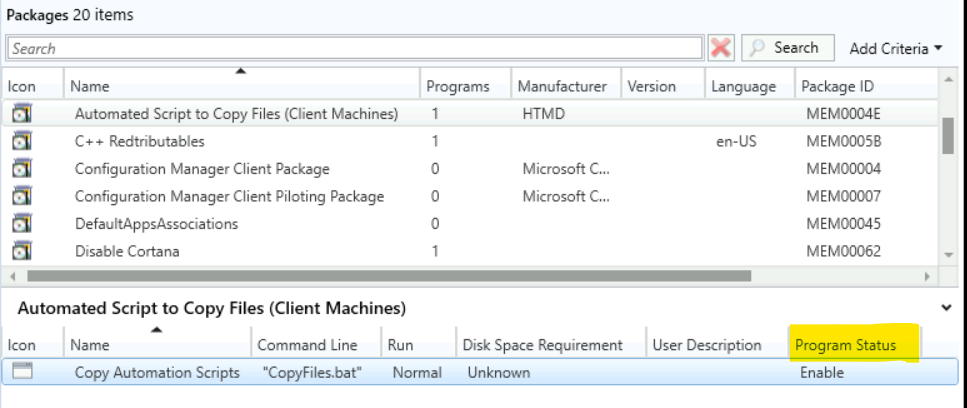 SCCM Package Program Status - Enable