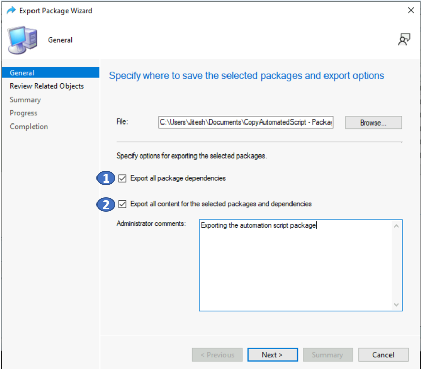 Select Export Options - Export SCCM Package from Configuration Manager Package Wizard