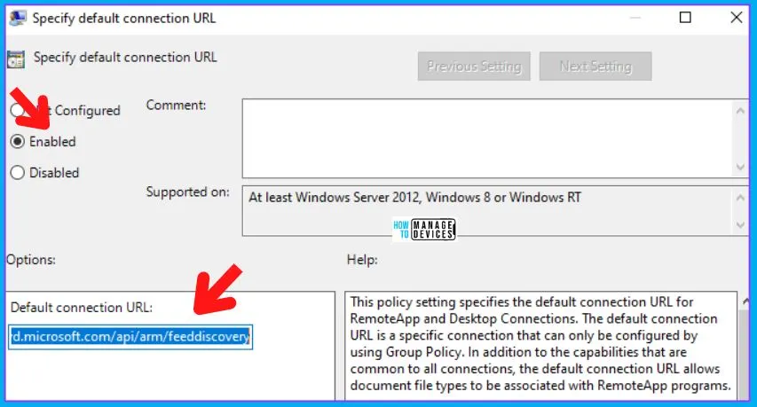 AVD Auto Feed Registration Intune Group Policy Setup Default Connection URL Options - Fig.7
