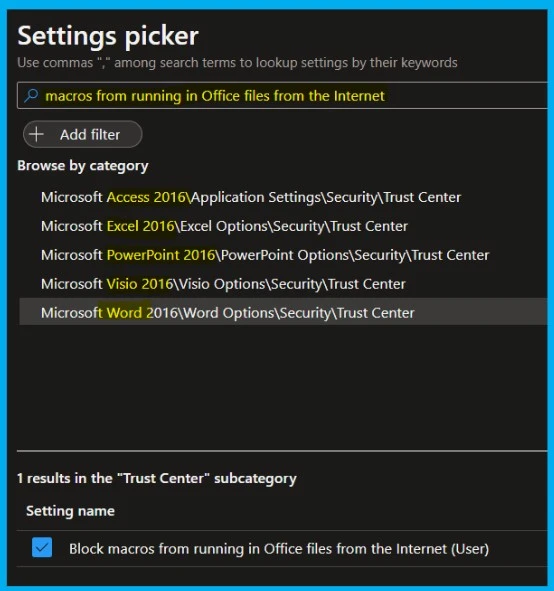 Block Internet Macros for Office Applications using Intune Group Policy 1