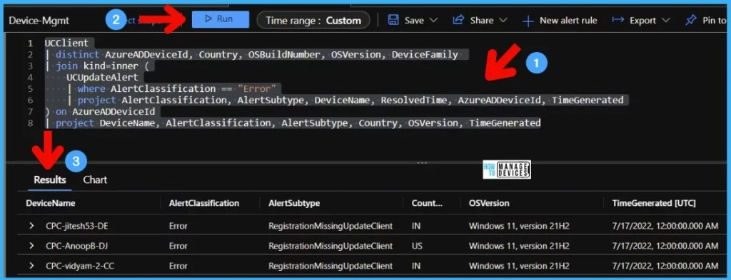 List of Intune Devices with Patch Deployment Status and Country Details using KQL Query 5