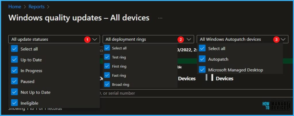 Filter Options - Windows Autopatch Quality Updates Report In Intune MEM Portal 5