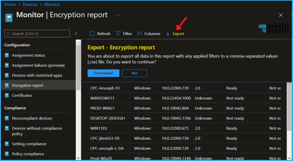 Click Export - Export Intune Encryption Report