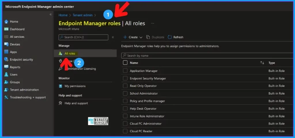 Intune RBAC Roles Permissions in the Intune Admin Center Portal Fig. 1