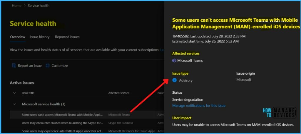 Active Issues - Intune Service Health Status Message In MEM Admin Center 5