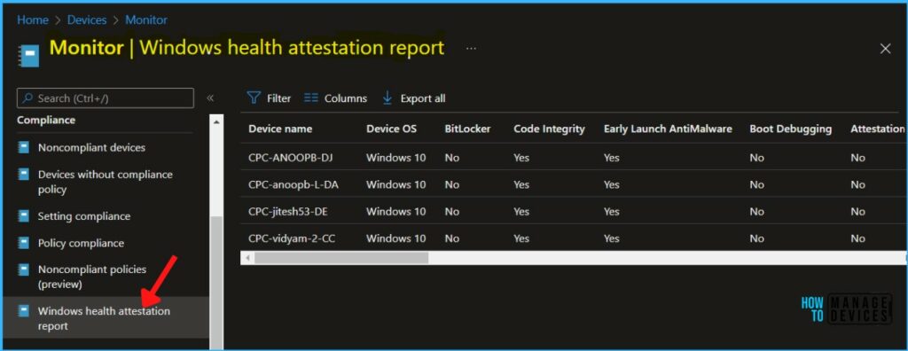 Select Windows health attestation report