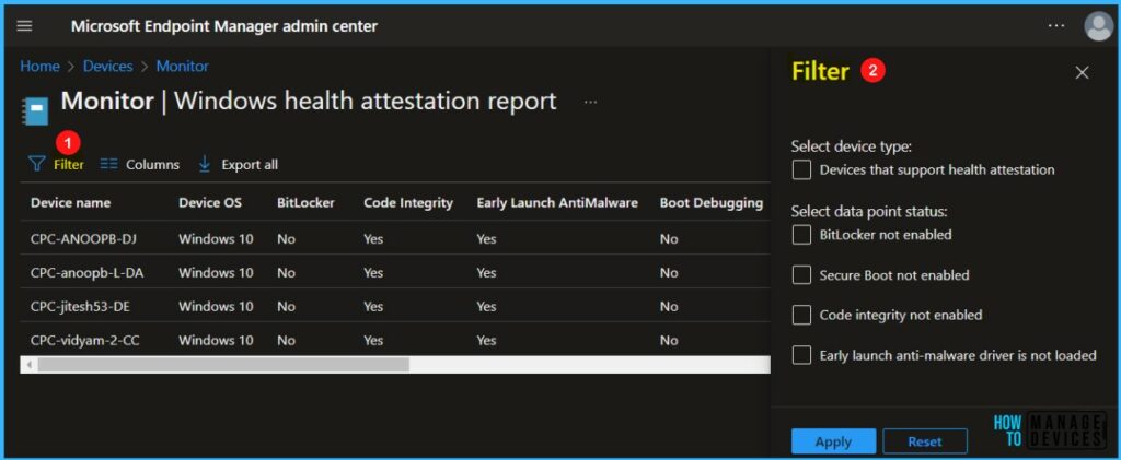 Filter Windows health attestation report - Intune Device Health Attestation Report 4