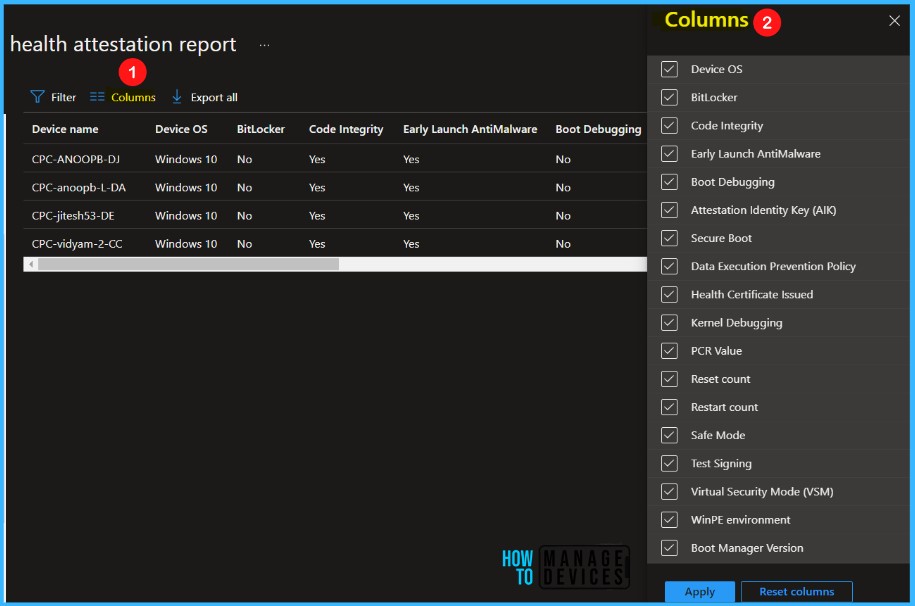 Select Columns - Intune Device Health Attestation Report 3