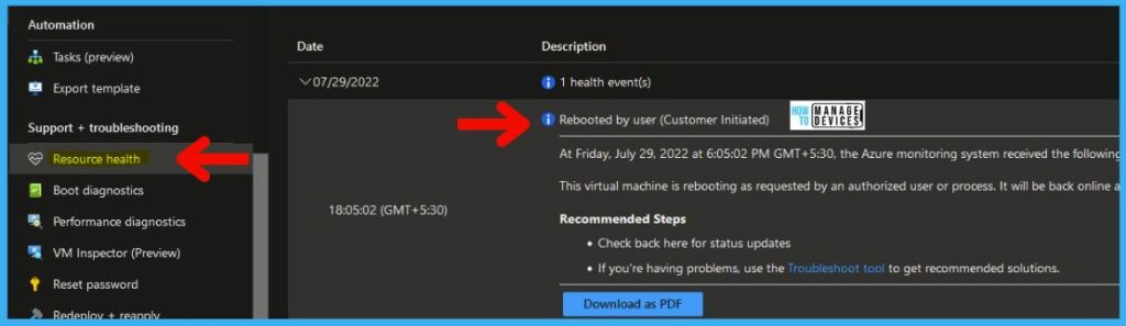 Reboot the VM from Azure Portal Vs Operating System 3