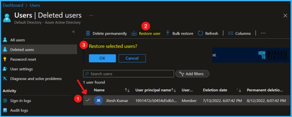 Click on Restore User - Restore Deleted AAD User From Azure Active Directory Portal 2