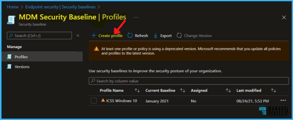 Create Profile - Intune Security Baselines Policies for Windows 10 or Windows 11