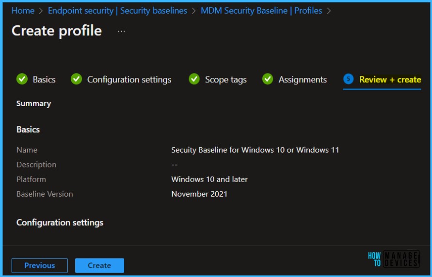 Review Settings - Intune Security Baselines Policies for Windows 10 or Windows 11