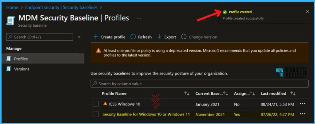 Profile Created - Intune Security Baselines Policies for Windows 10 or Windows 11