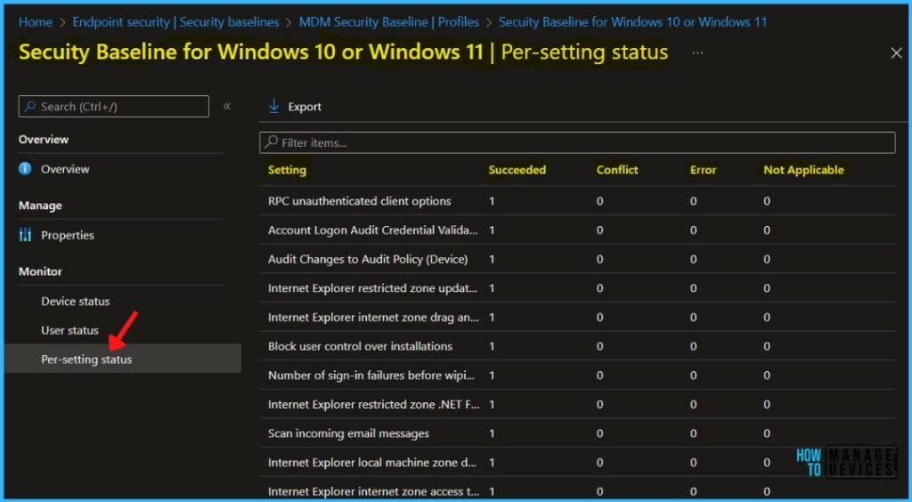 Per Settings Status - Monitor Security Baselines and Profiles