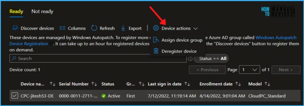 Select Device Actions > Assign Device Group - Adding Devices to Ring In Windows Autopatch